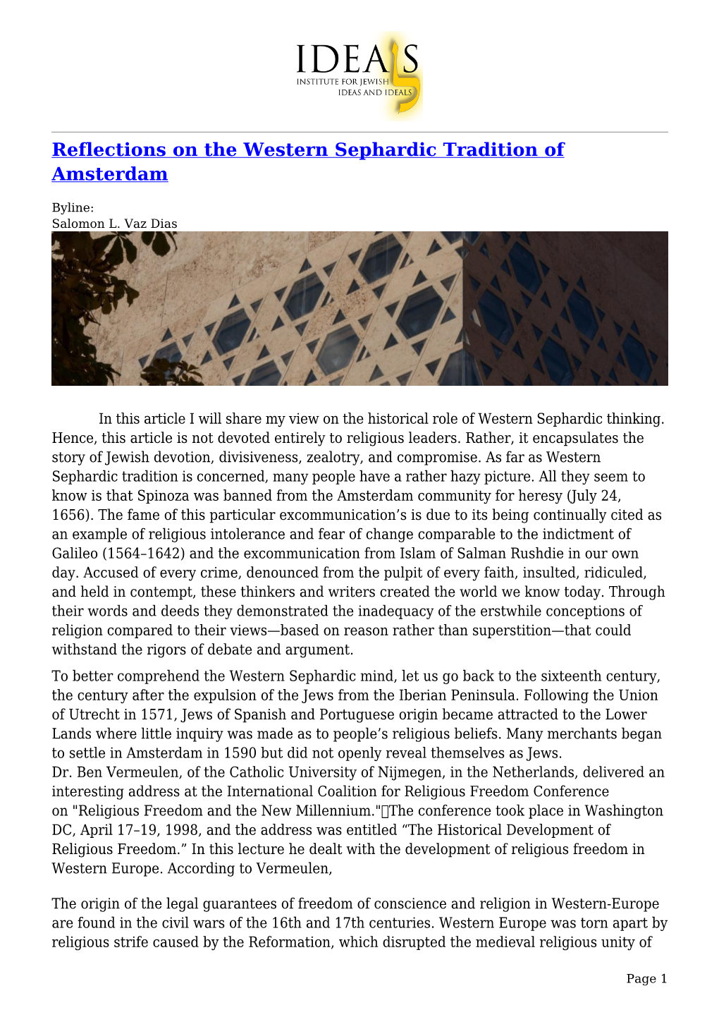 Reflections on the Western Sephardic Tradition of Amsterdam