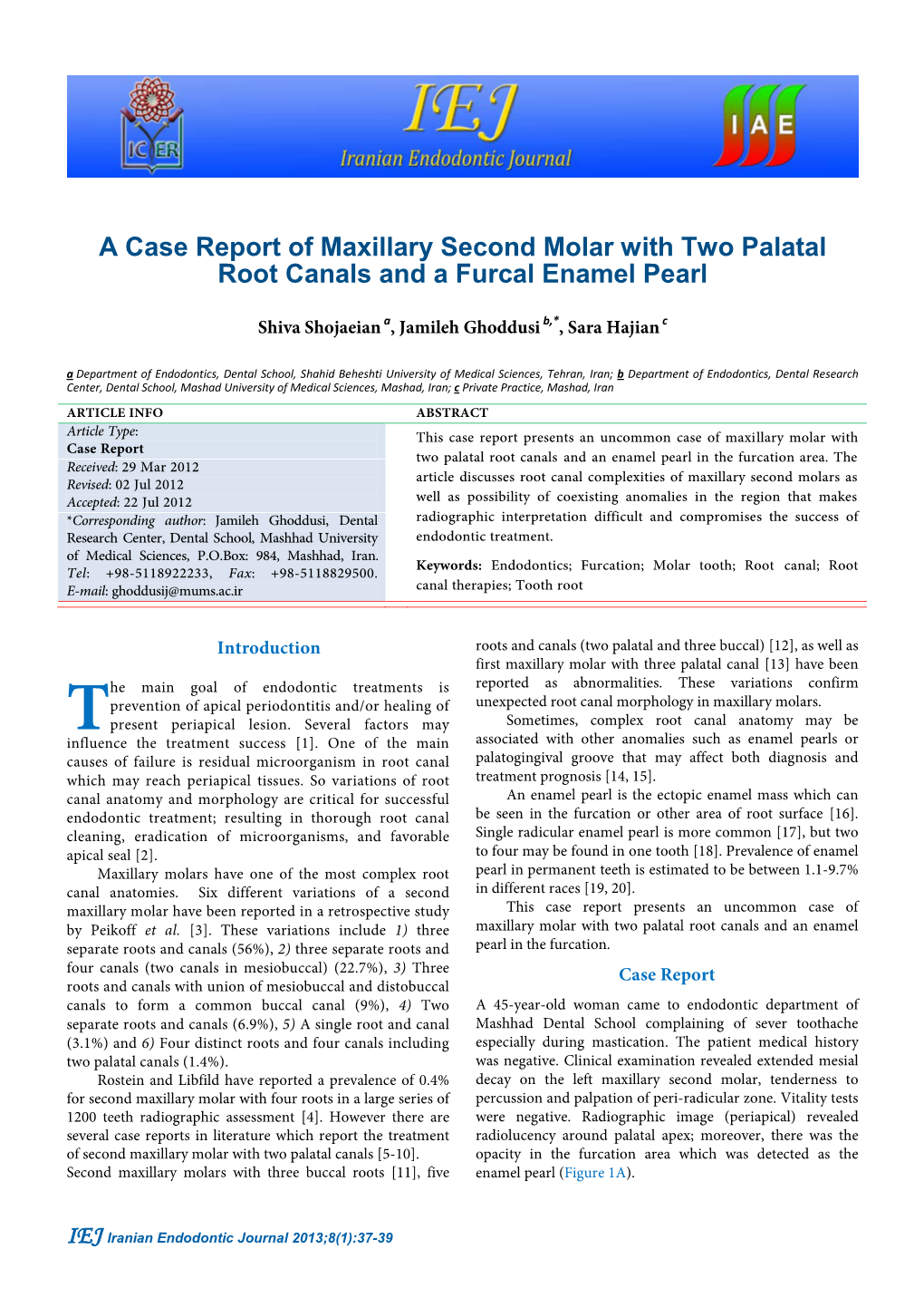 A Case Report of Maxillary Second Molar with Two Palatal Root Canals and a Furcal Enamel Pearl