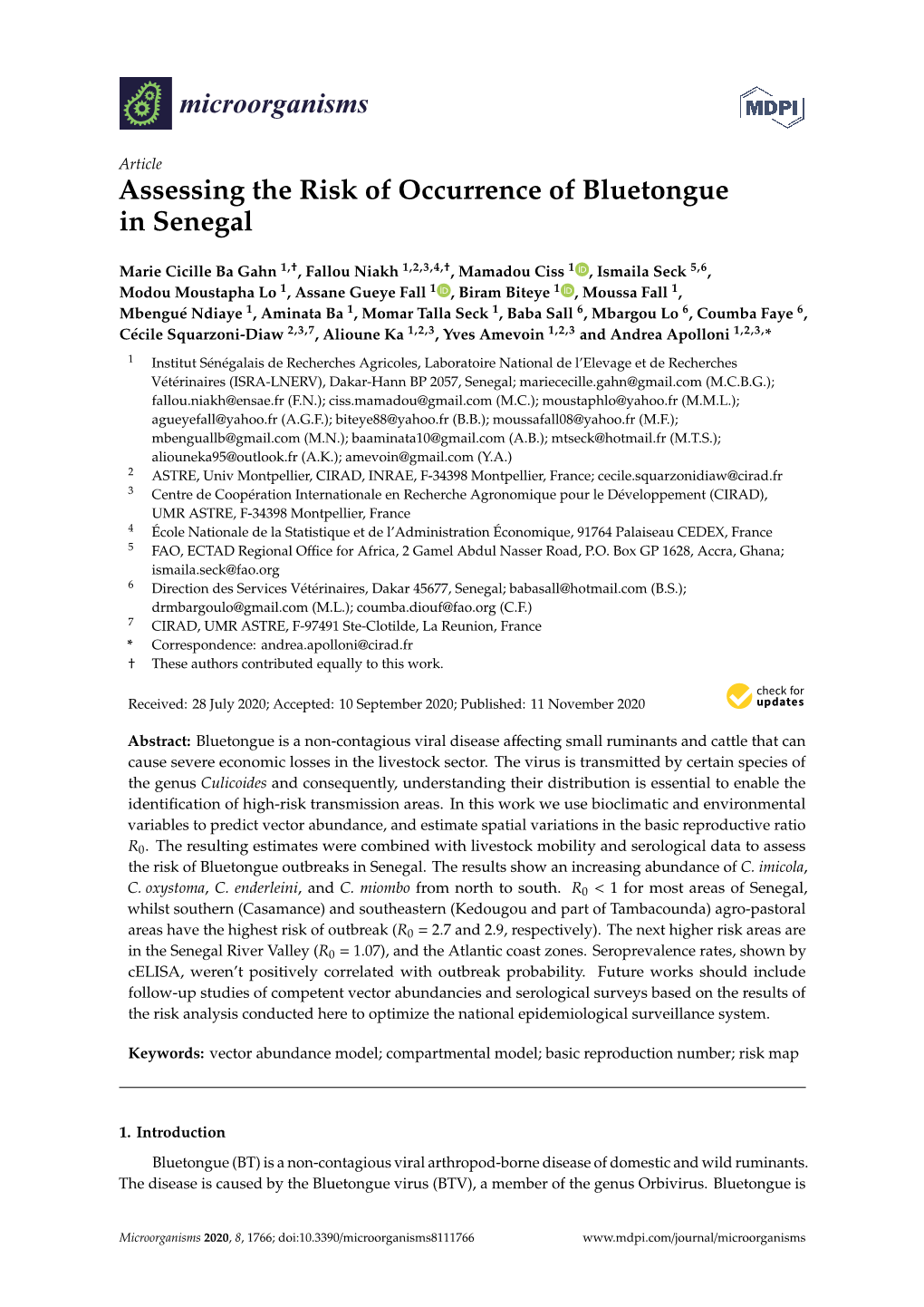 Assessing the Risk of Occurrence of Bluetongue in Senegal