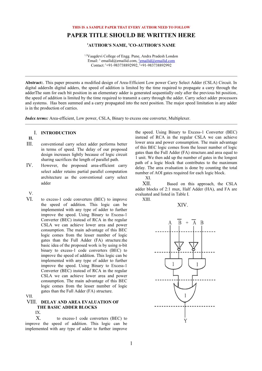 Area Efficient and Low Power Carry Select Adder Using Binary to Excess One Converter