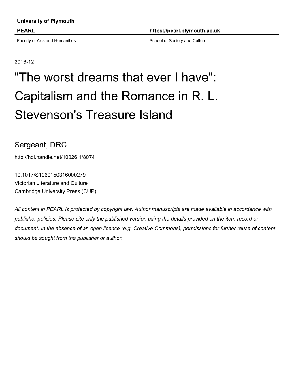 Capitalism and the Romance in RL Stevenson's Treasure Island While