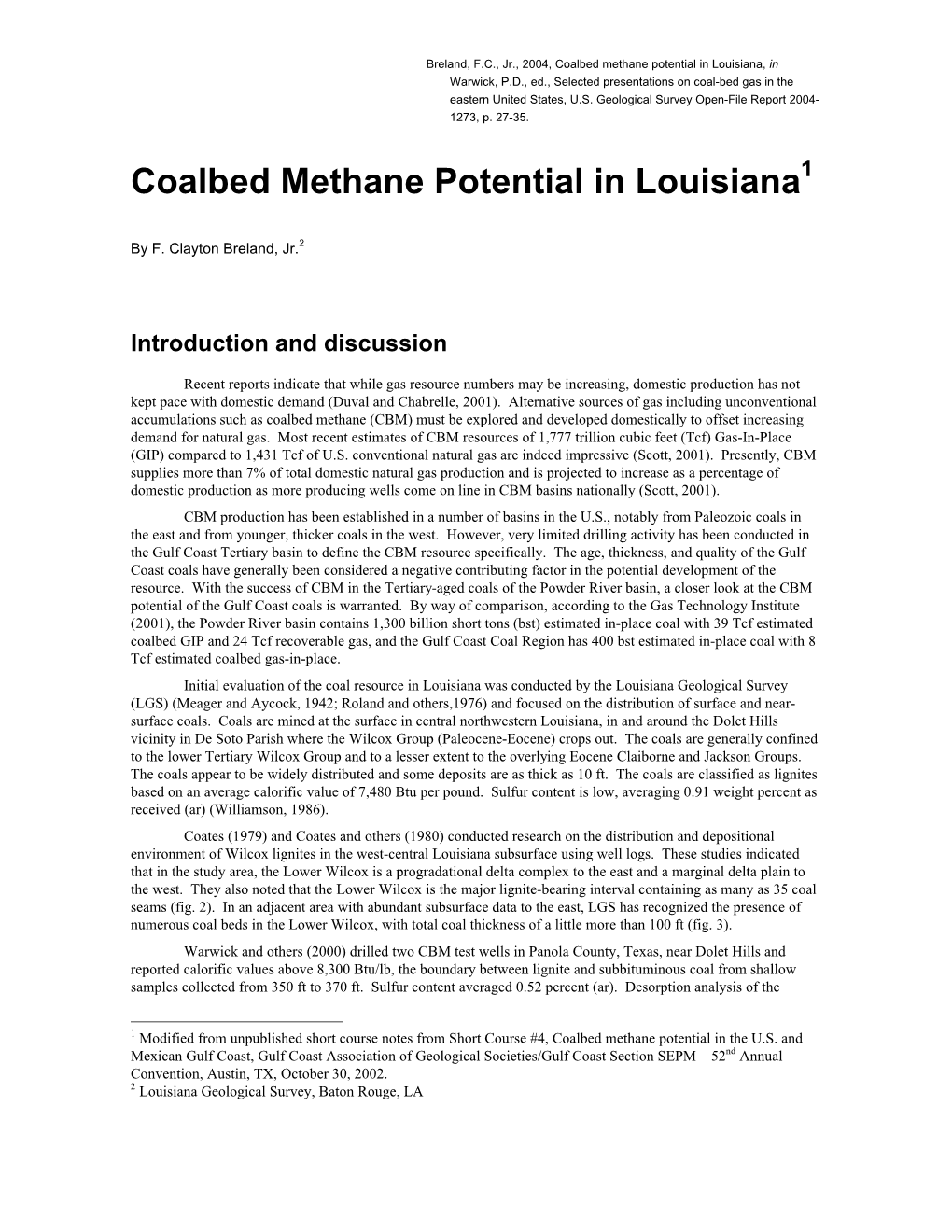 Coalbed Methane Potential in Louisiana, in Warwick, P.D., Ed., Selected Presentations on Coal-Bed Gas in the Eastern United States, U.S