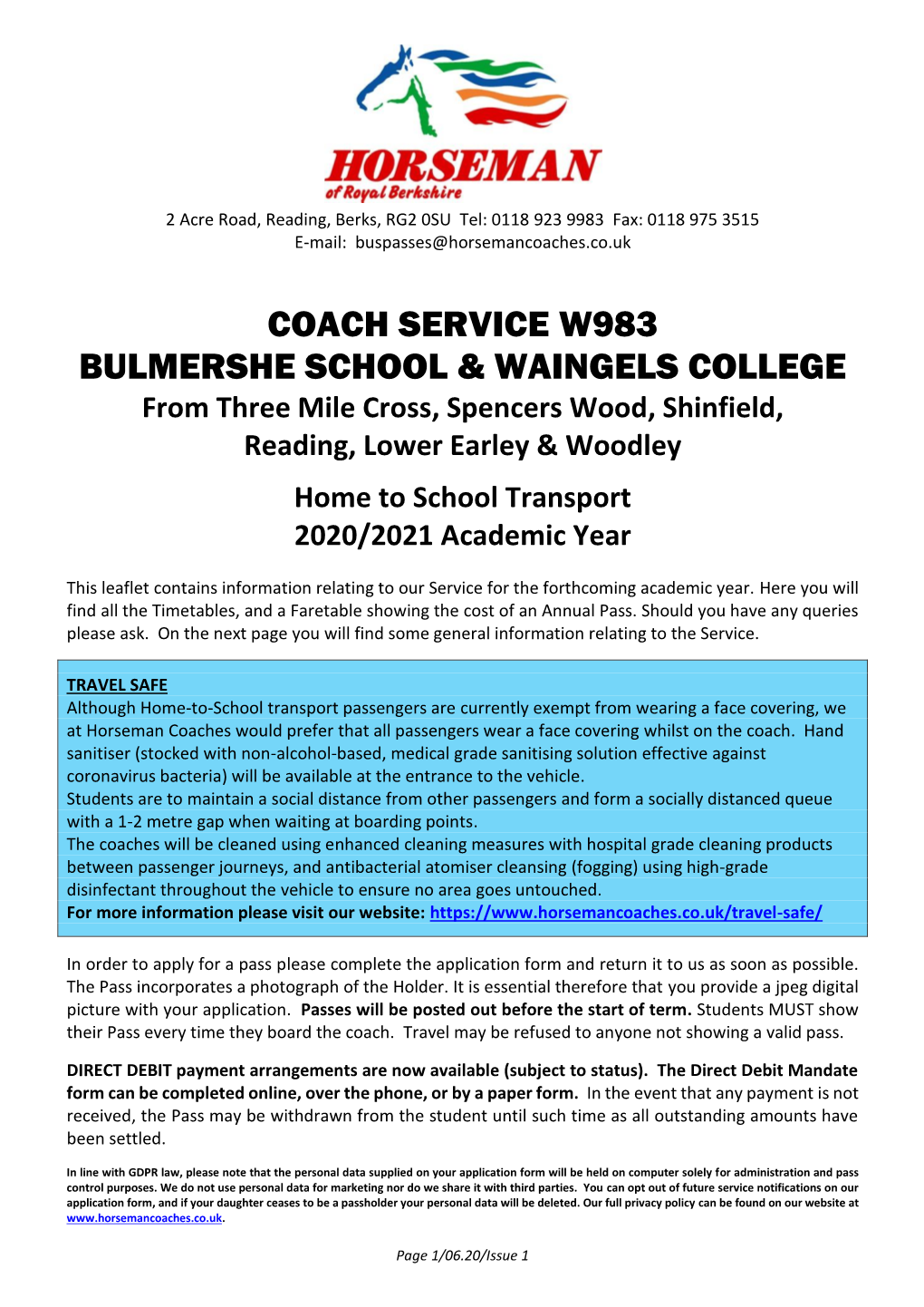 Coach Service W983 Bulmershe School & Waingels College