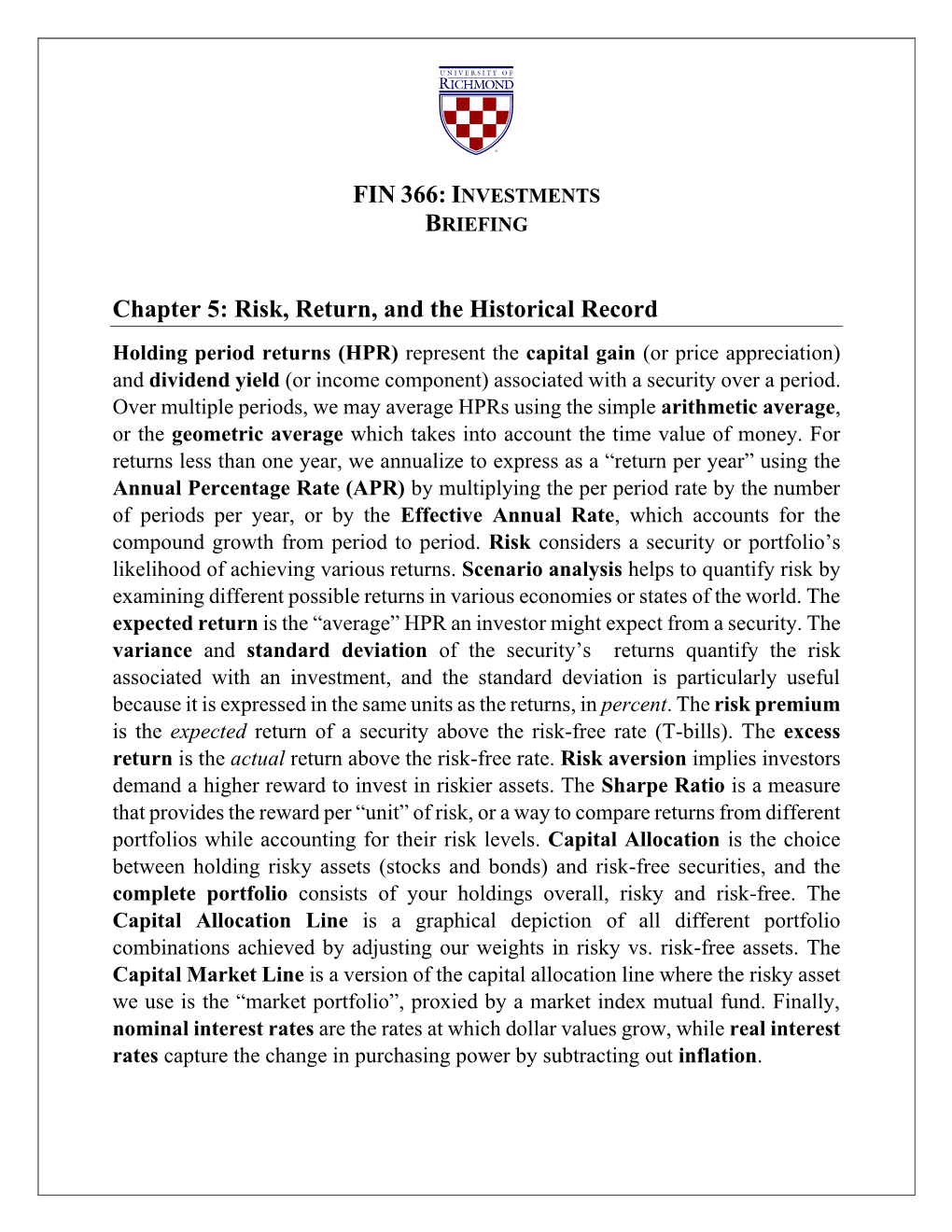 FIN 366: I Chapter 5: Risk, Return, and the Historical Record