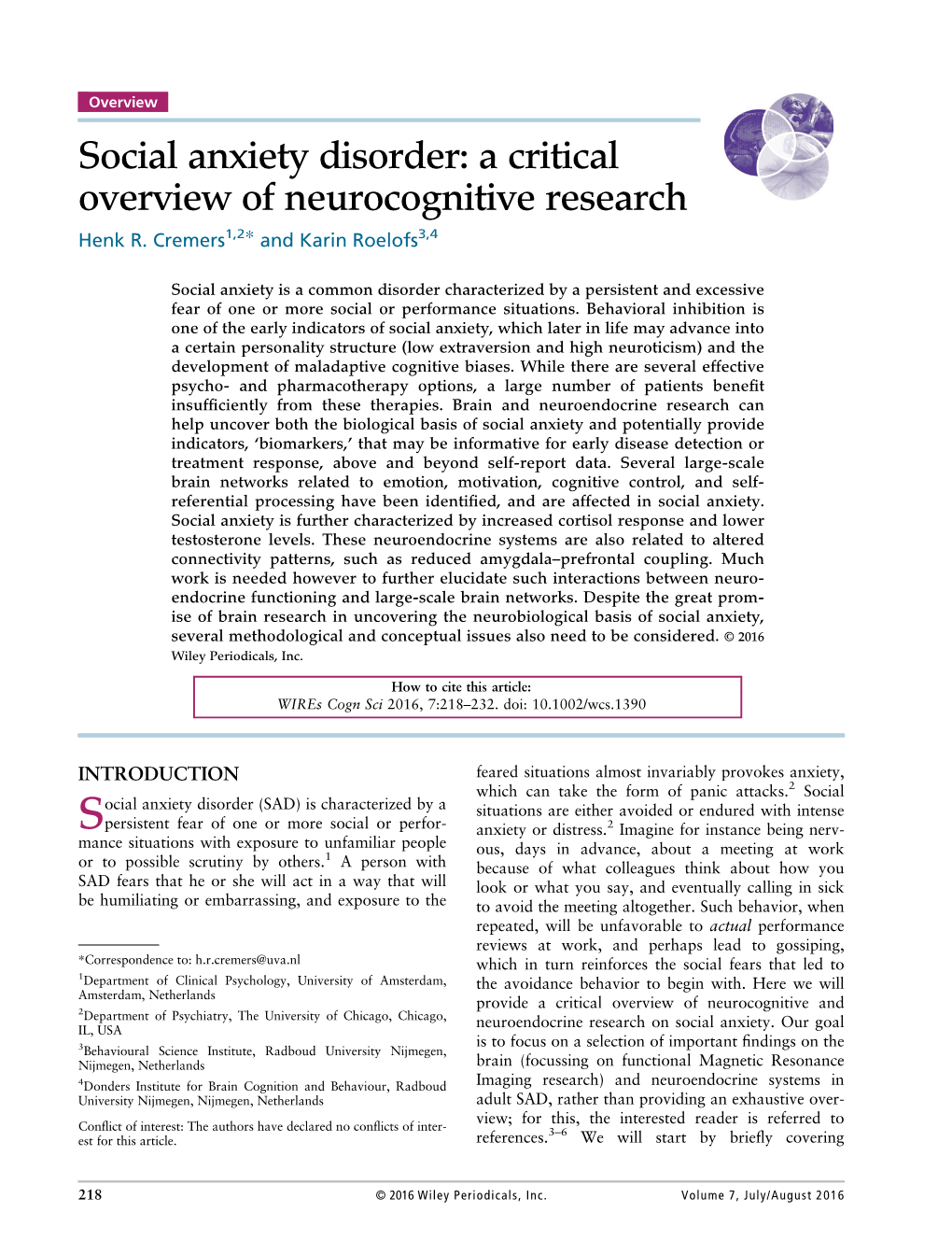 Social Anxiety Disorder: a Critical Overview of Neurocognitive Research Henk R