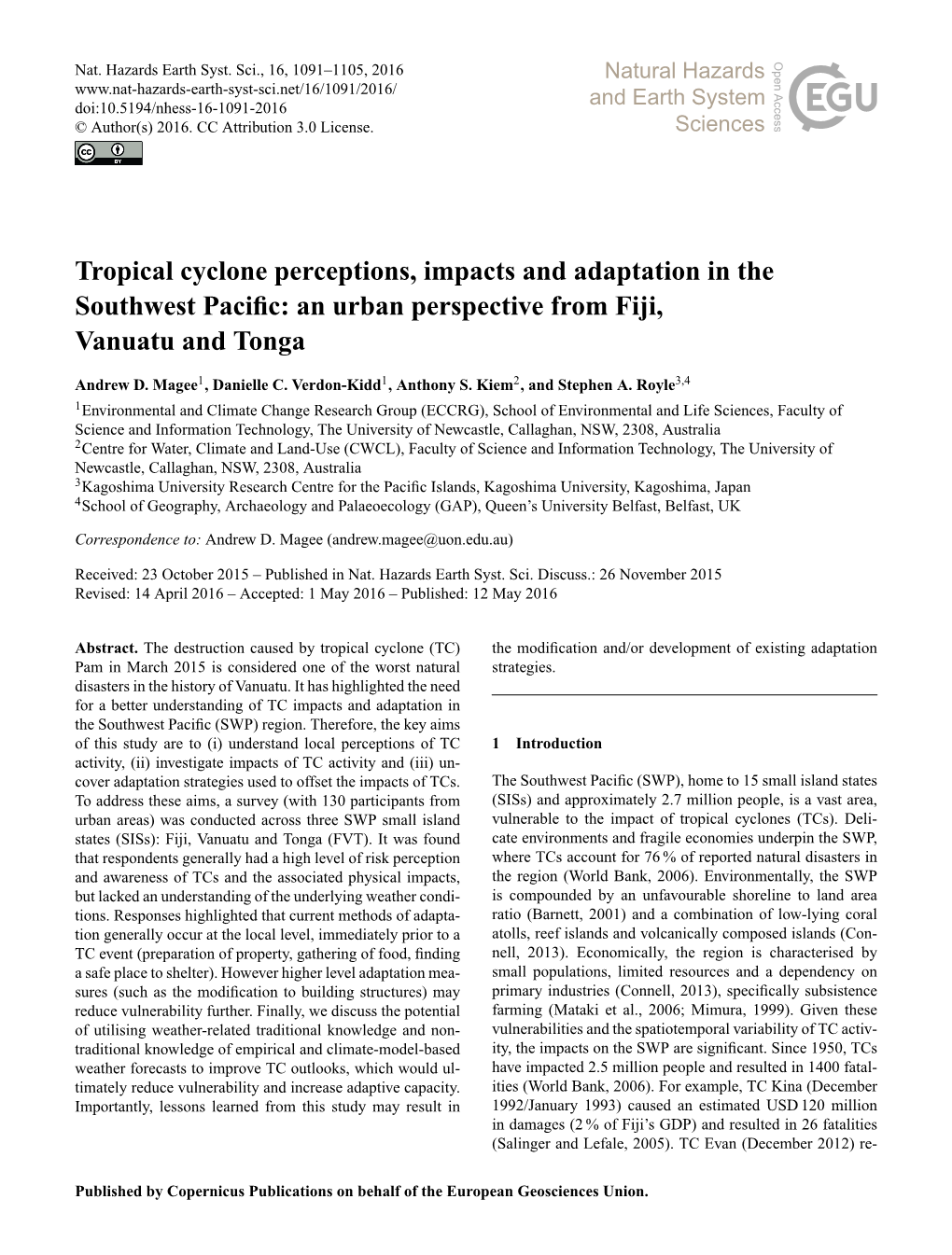 Tropical Cyclone Perceptions, Impacts and Adaptation in the Southwest Paciﬁc: an Urban Perspective from Fiji, Vanuatu and Tonga