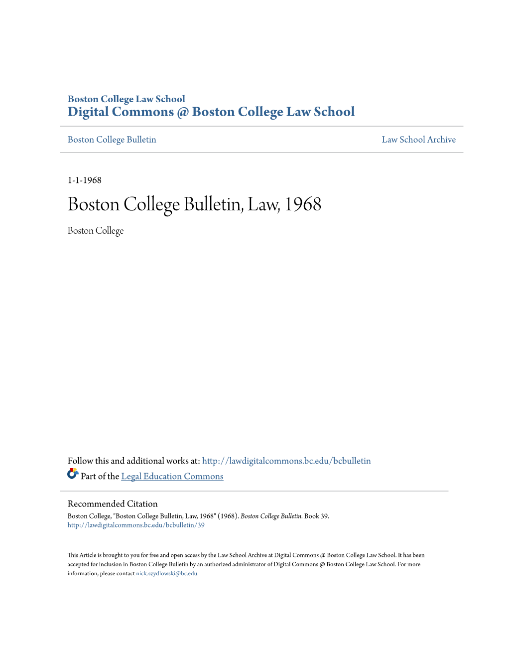 Boston College Bulletin, Law, 1968 Boston College