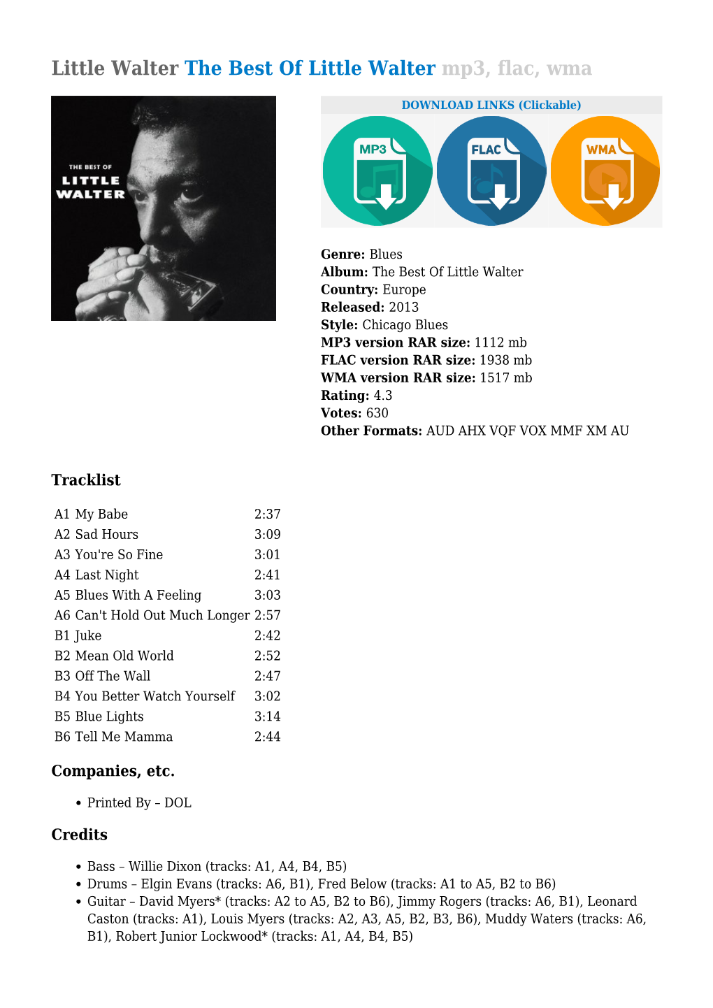 Little Walter the Best of Little Walter Mp3, Flac, Wma