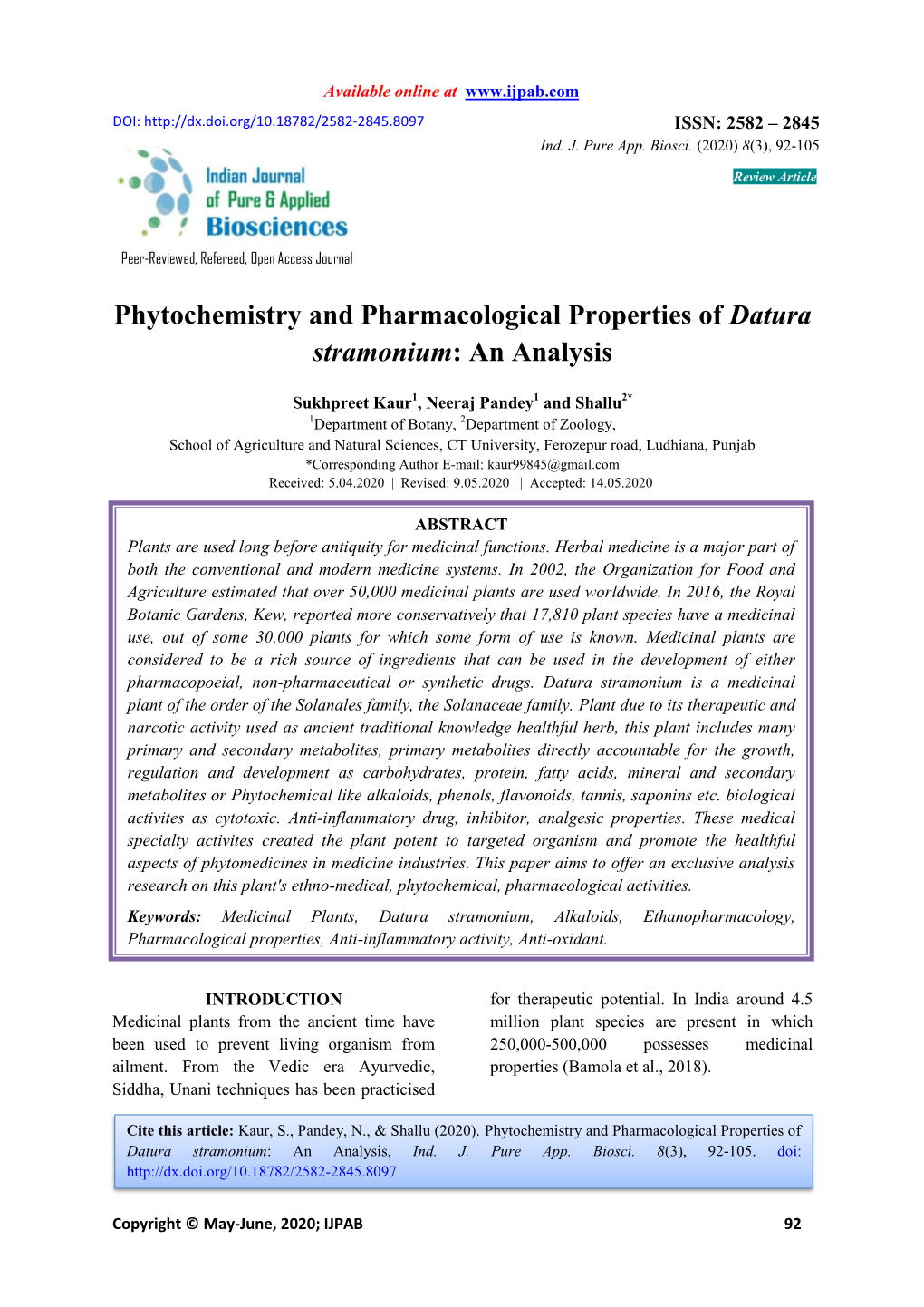 Phytochemistry and Pharmacological Properties of Datura Stramonium: an Analysis