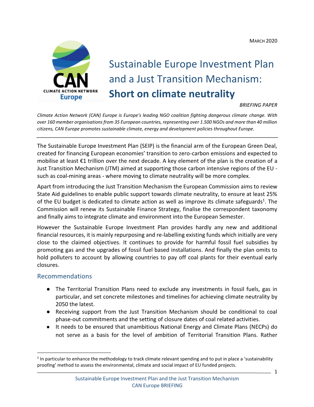 Sustainable Europe Investment Plan and a Just Transition