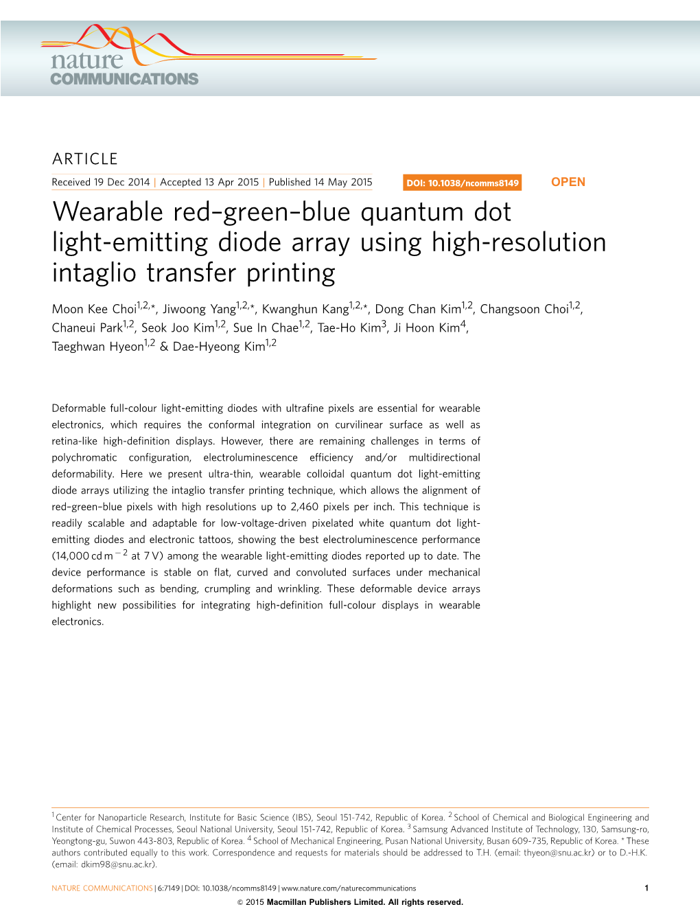 Blue Quantum Dot Light-Emitting Diode Array Using High-Resolution Intaglio Transfer Printing