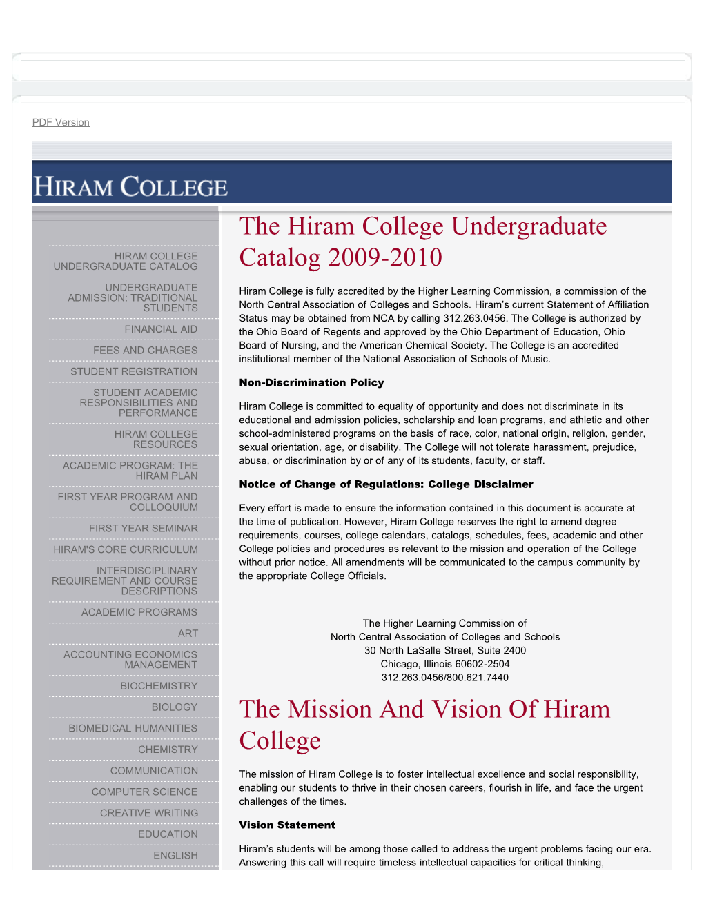 The Hiram College Undergraduate Catalog 2009-2010