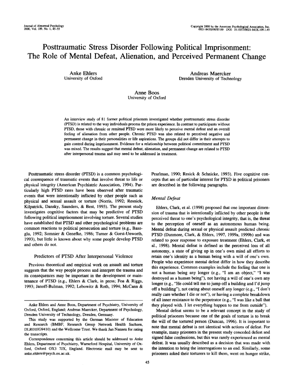 Posttraumatic Stress Disorder Following Political Imprisonment: the Role of Mental Defeat, Alienation, and Perceived Permanent Change