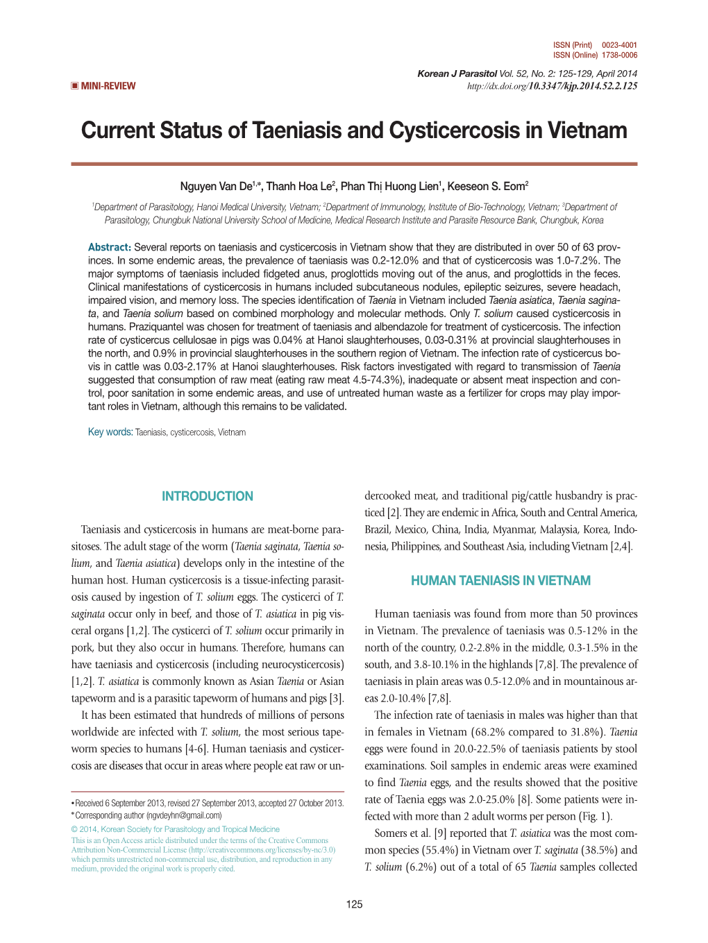 Current Status of Taeniasis and Cysticercosis in Vietnam