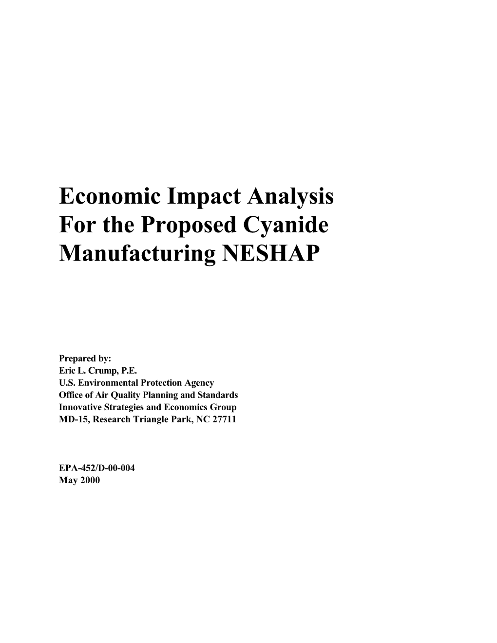 Economic Impact Analysis for the Proposed Cyanide Manufacturing NESHAP