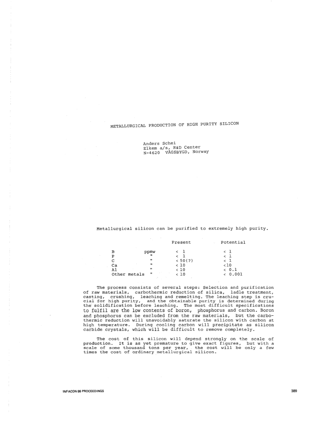 METALLURGICAL PRODUCTION of HIGH PURITY SILICON Anders