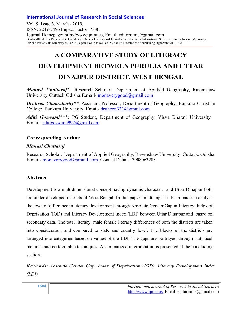 A Comparative Study of Literacy Development Between Purulia and Uttar Dinajpur District, West Bengal