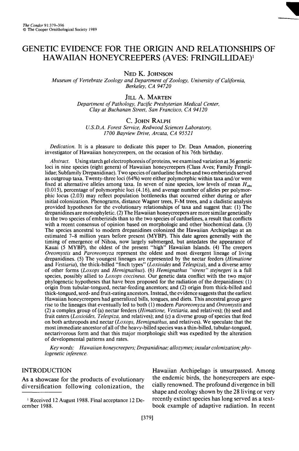 Genetic Evidence for the Origin and Relationships of Hawaiian Honeycreepers (Aves: Fringillidae)’