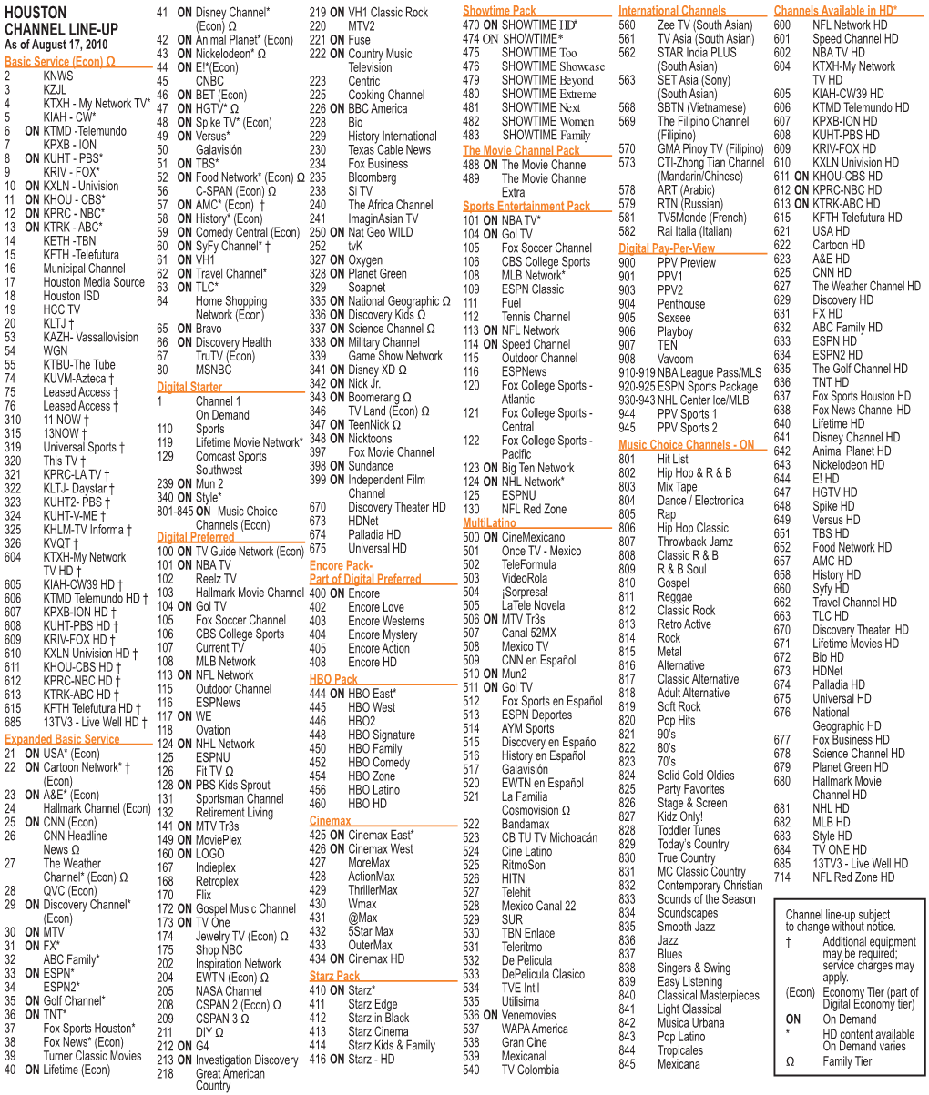 Houston Channel Line-Up