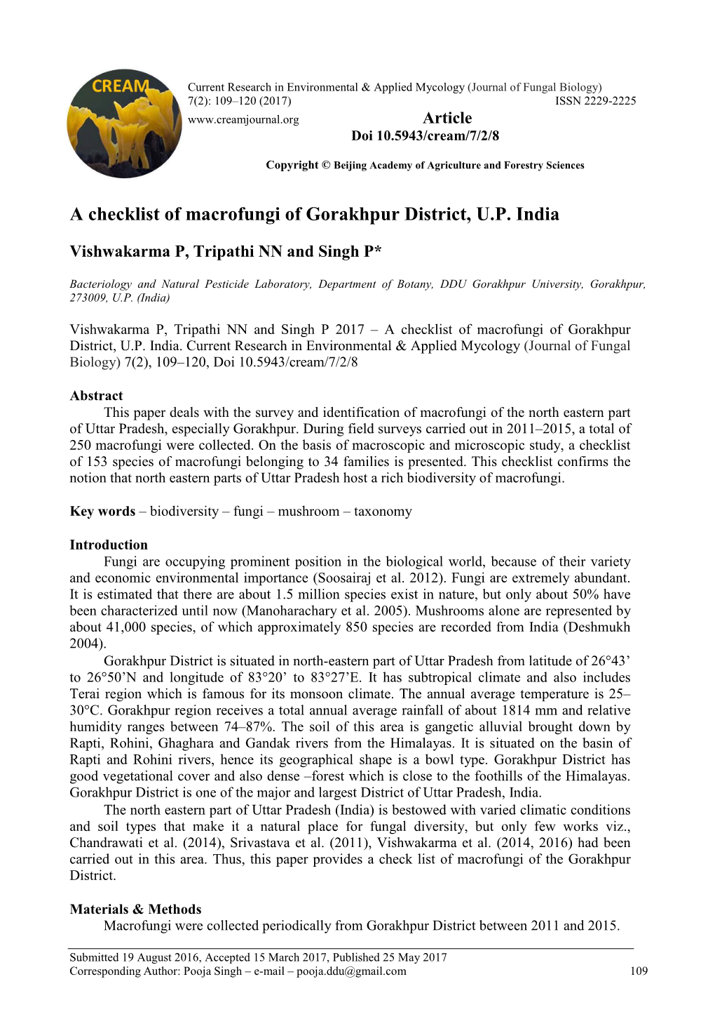 A Checklist of Macrofungi of Gorakhpur District, U.P. India