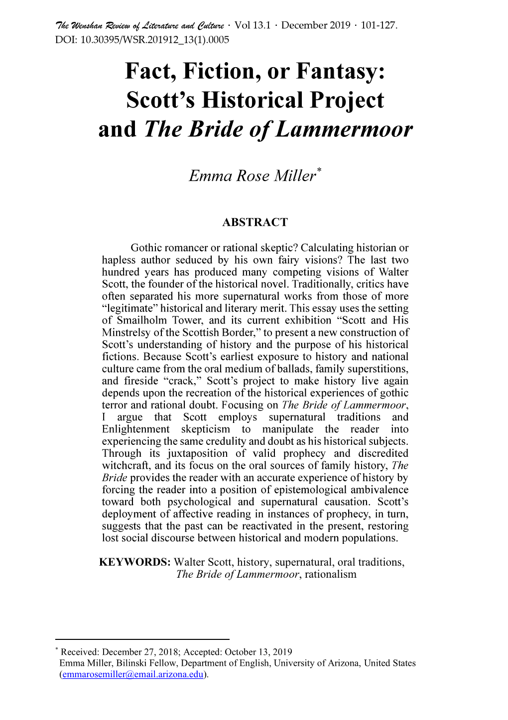 Walter Scott, History, Supernatural, Oral Traditions, the Bride of Lammermoor, Rationalism