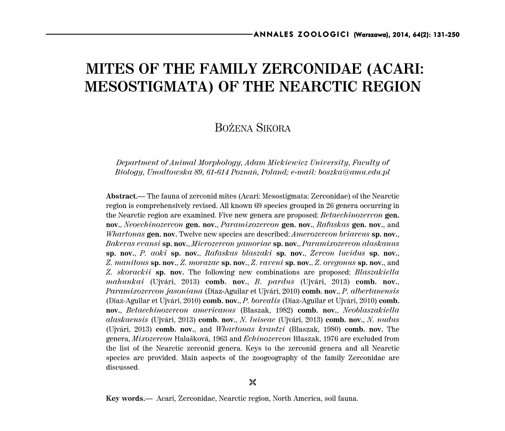 Mites of the Family Zerconidae (Acari: Mesostigmata) of the Nearctic Region