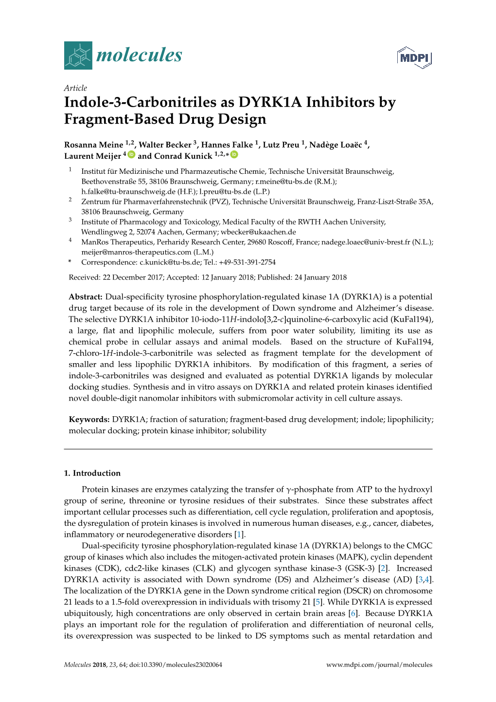 Indole-3-Carbonitriles As DYRK1A Inhibitors by Fragment-Based Drug Design