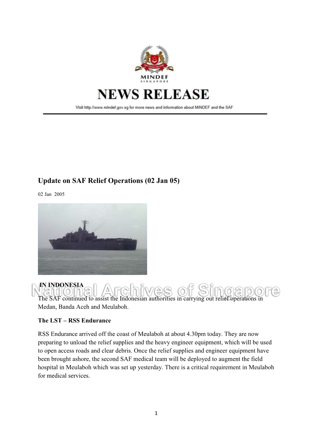 Update on SAF Relief Operations (02 Jan 05)