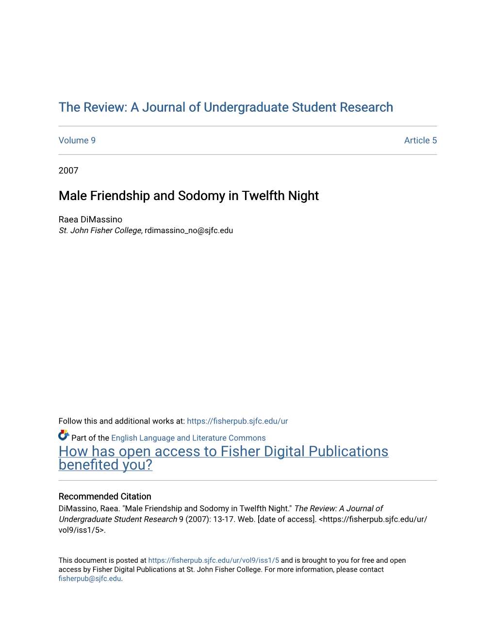 Male Friendship and Sodomy in Twelfth Night