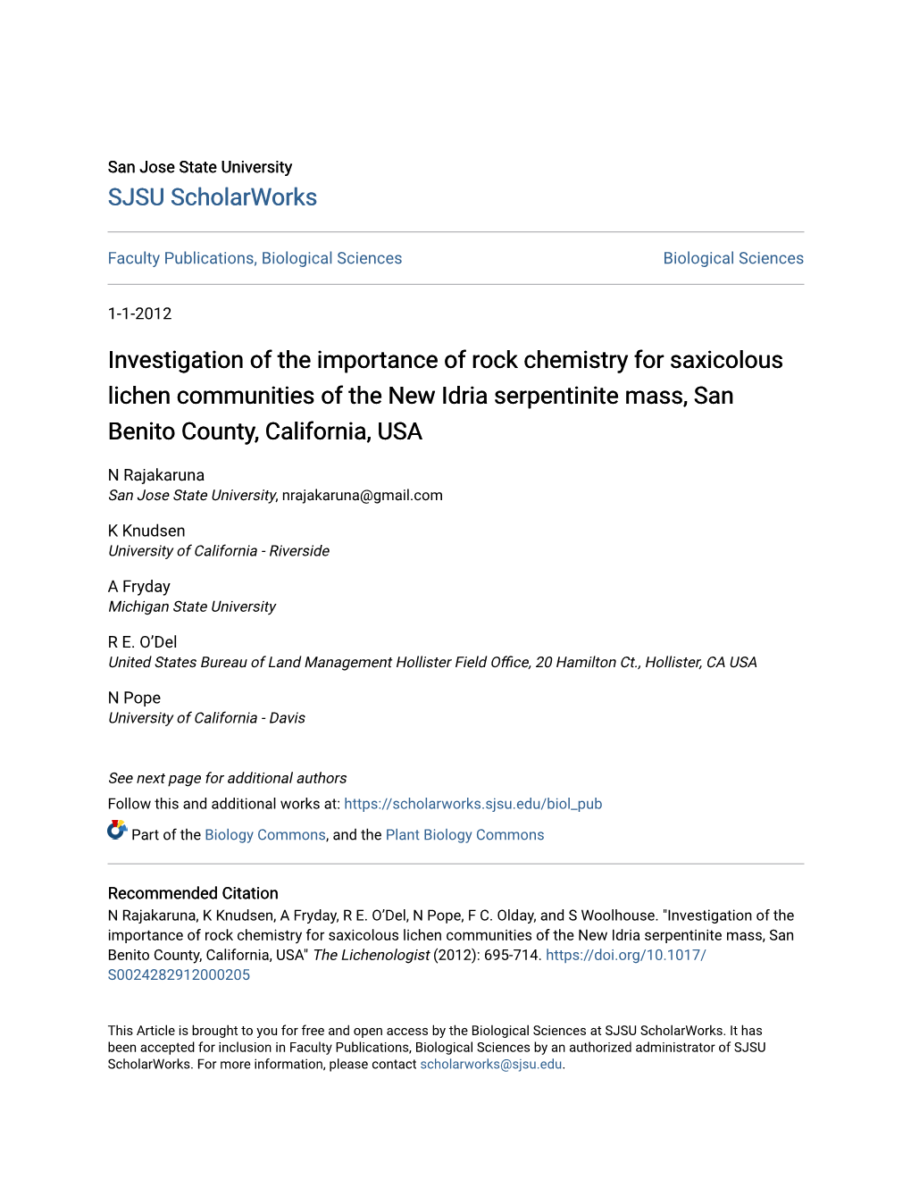 Investigation of the Importance of Rock Chemistry for Saxicolous Lichen Communities of the New Idria Serpentinite Mass, San Benito County, California, USA
