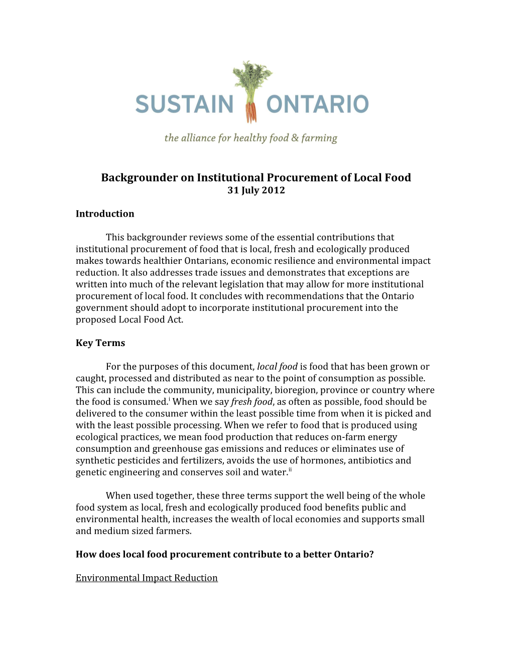 Backgrounder on Institutional Procurement of Local Food