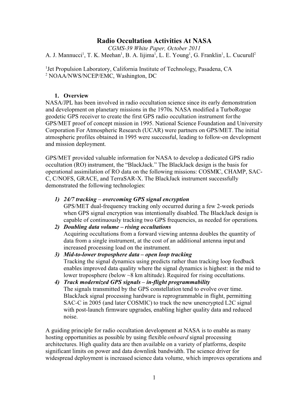 Radio Occultation Activities at NASA CGMS-39 White Paper, October 2011 A