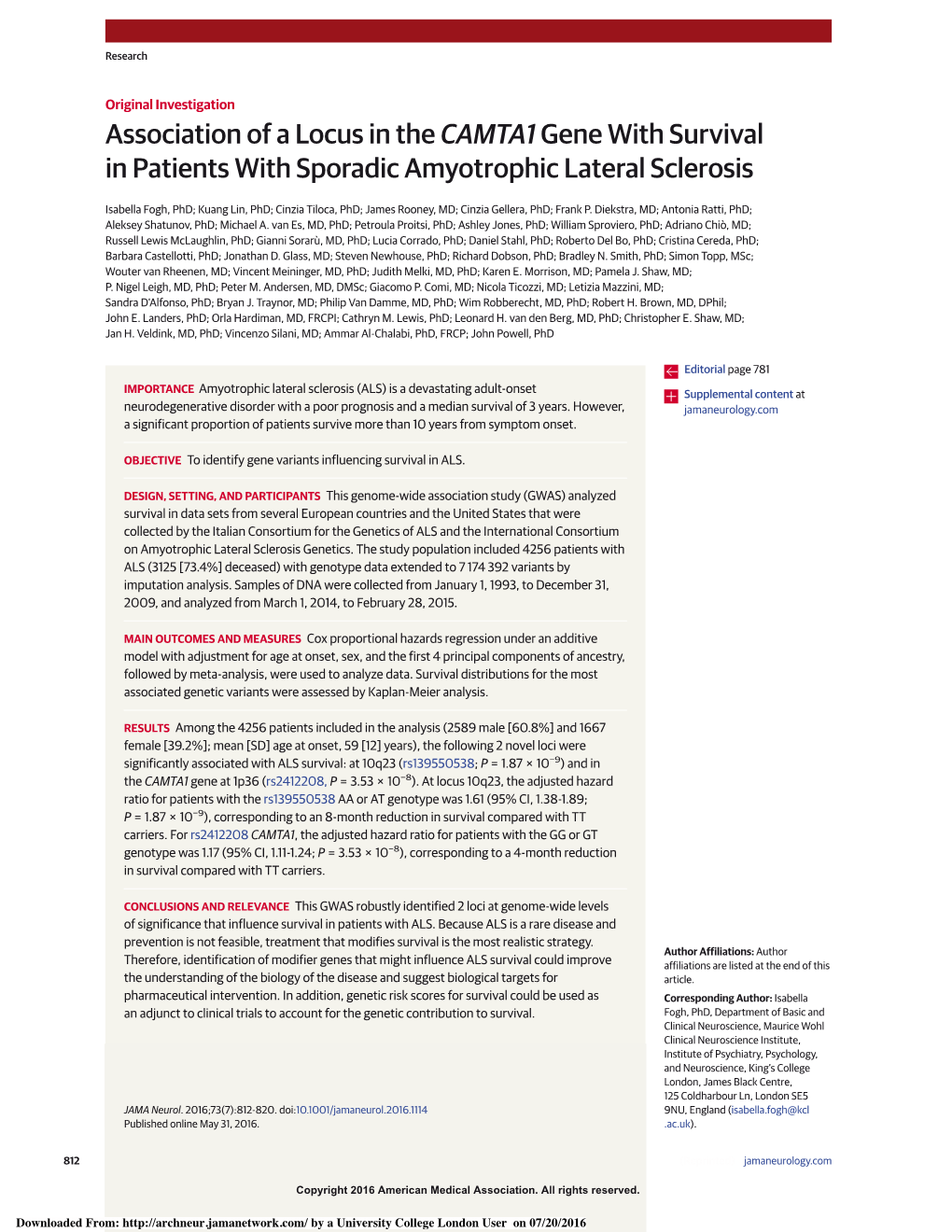 Association of a Locus in the CAMTA1 Gene with Survival in Patients with Sporadic Amyotrophic Lateral Sclerosis