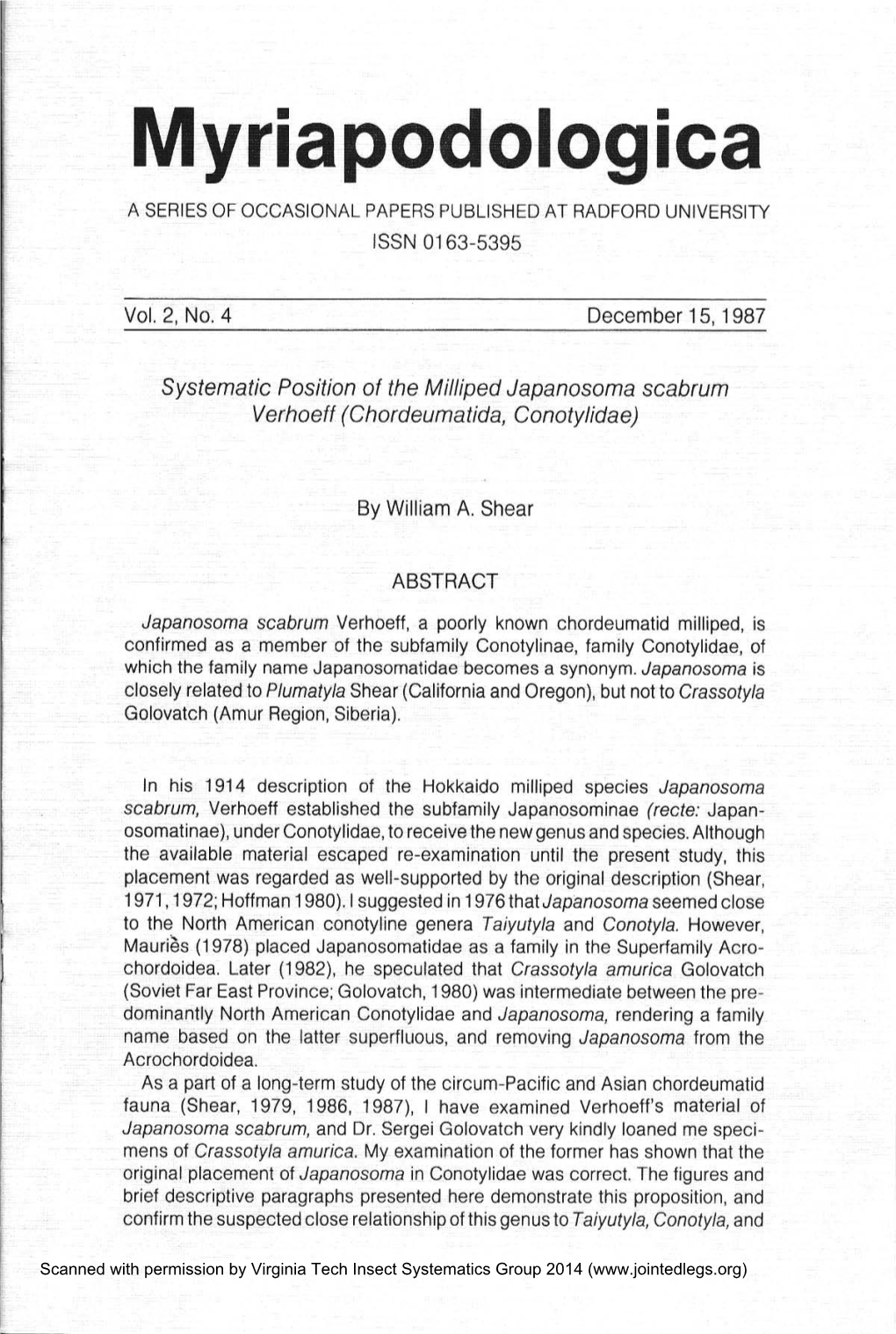 Systematic Position of the Milliped Japanosoma Scabrum Verhoeff (Chordeumatida, Conotylidae)