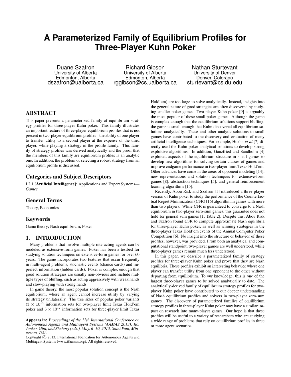 A Parameterized Family of Equilibrium Profiles for Three-Player Kuhn Poker