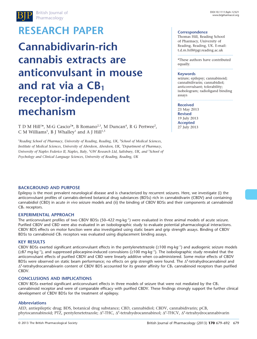 Cannabidivarin-Rich Cannabis Extracts Are Anticonvulsant in Mouse and Rat Via a CB1 Receptor-Independent Mechanism