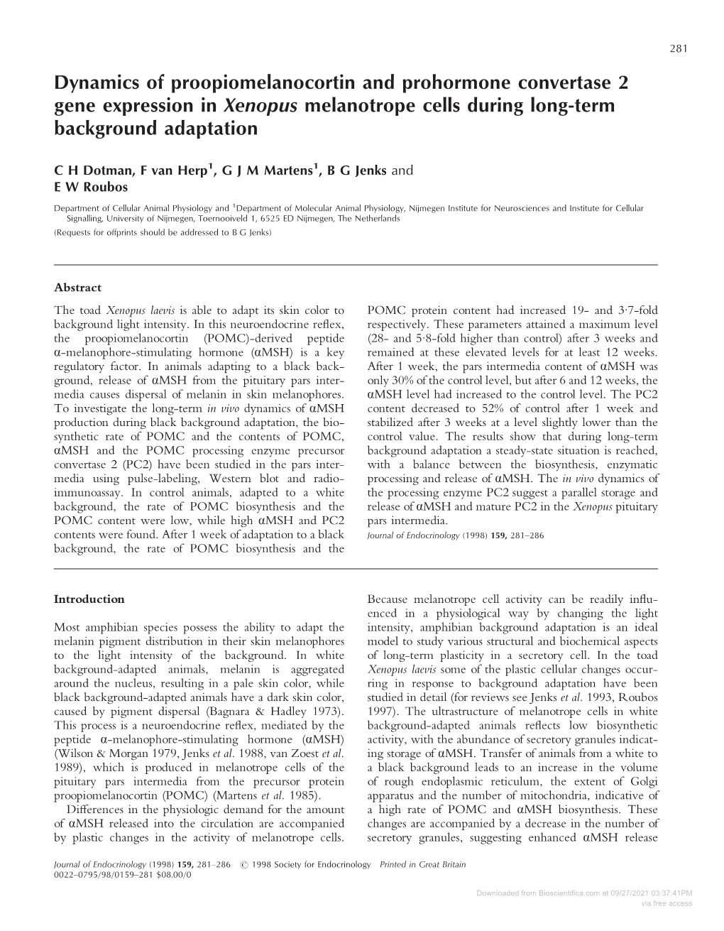 Dynamics of Proopiomelanocortin and Prohormone Convertase 2 Gene Expression in Xenopus Melanotrope Cells During Long-Term Background Adaptation