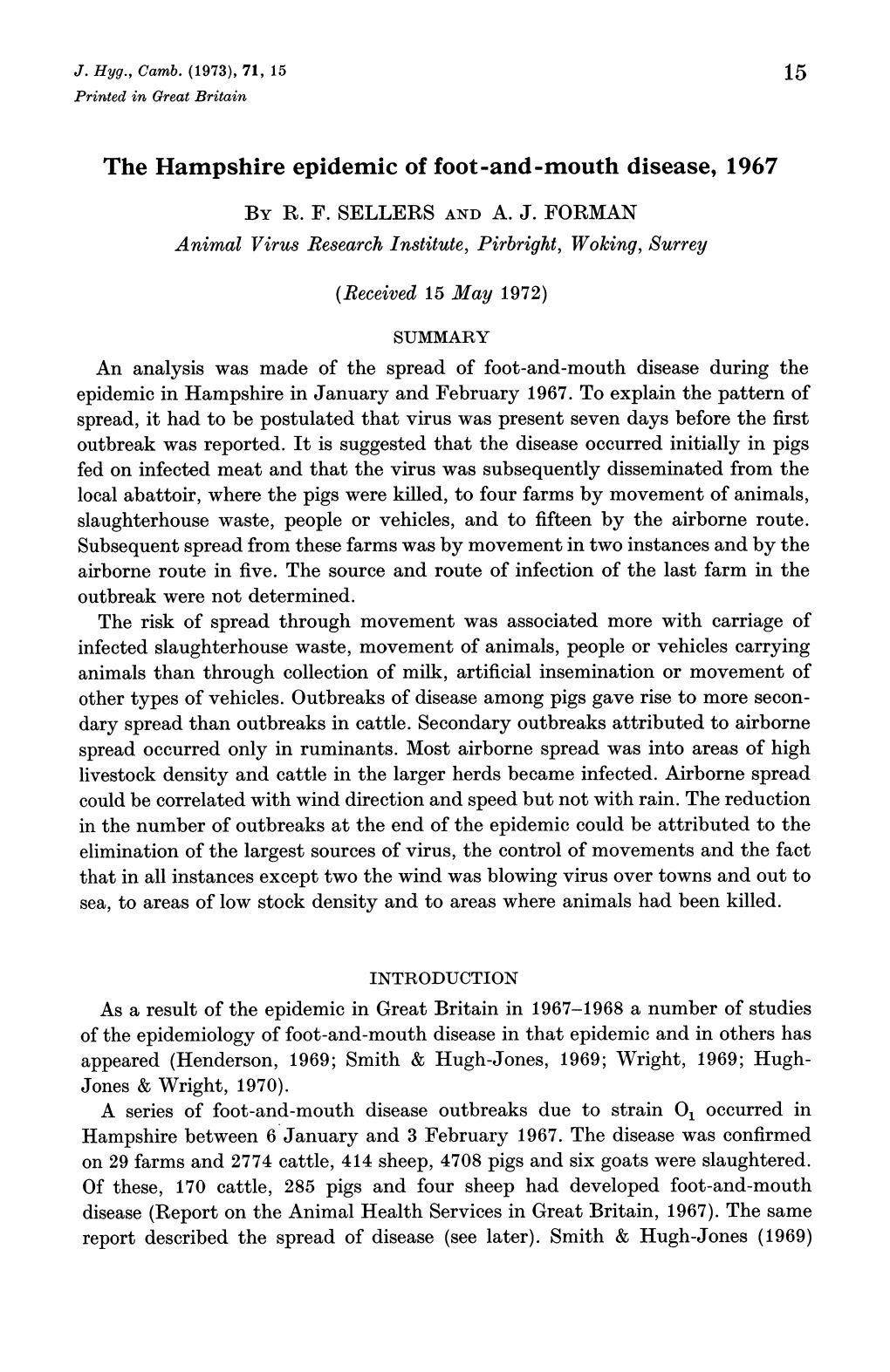 The Hampshire Epidemic of Foot-And-Mouth Disease, 1967 by R