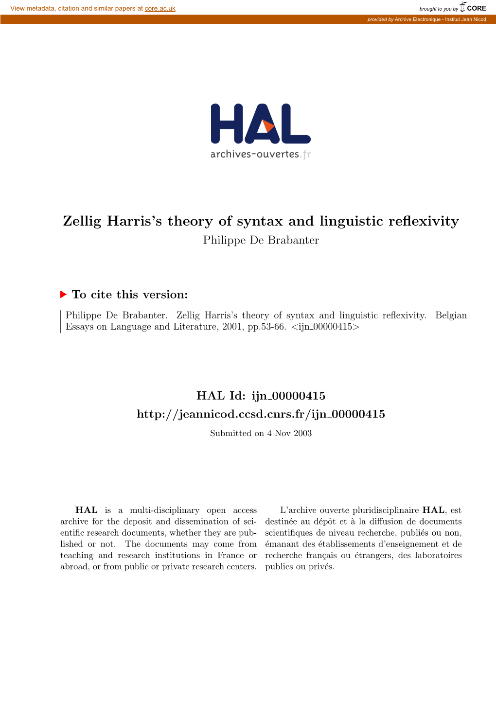 Zellig Harris's Theory of Syntax and Linguistic Reflexivity