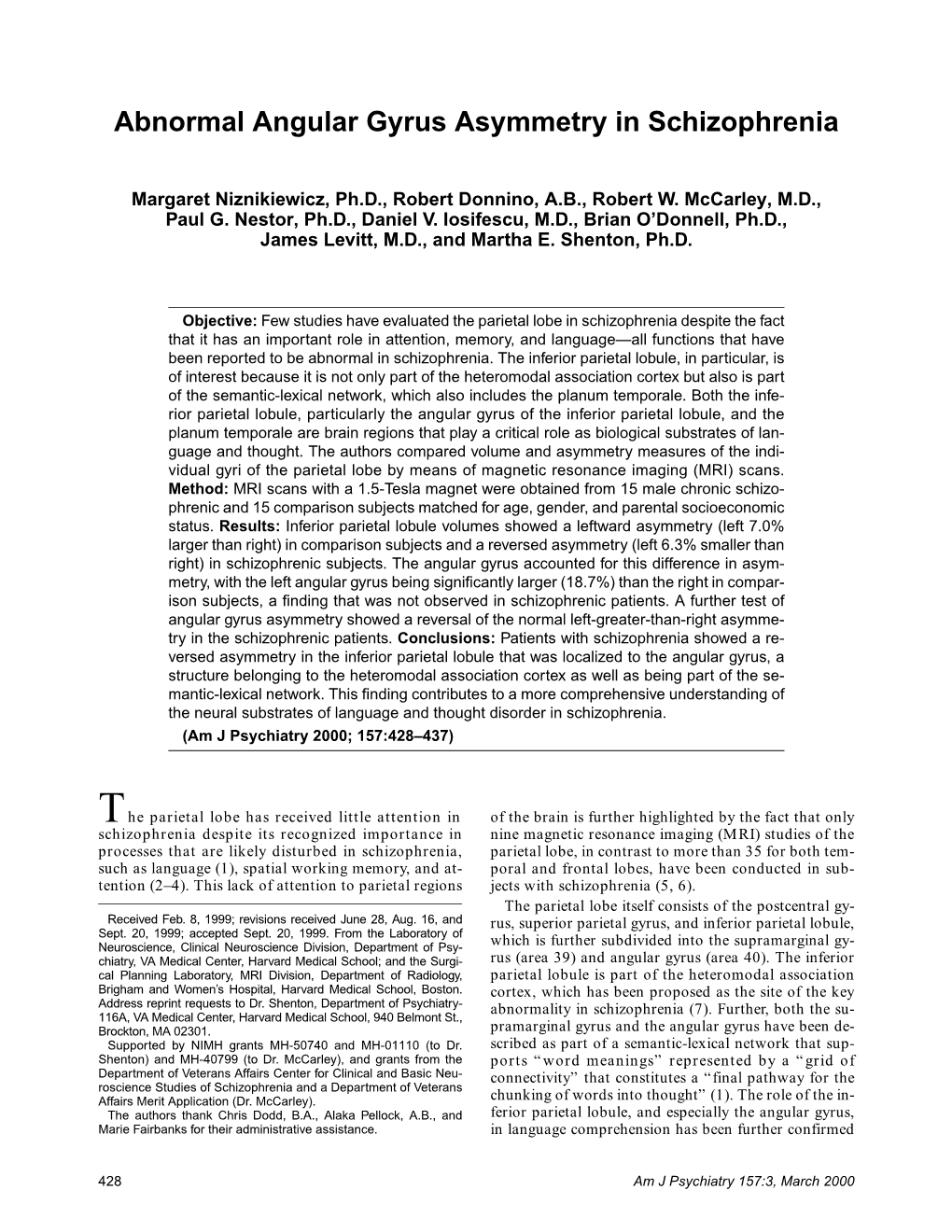 Abnormal Angular Gyrus Asymmetry in Schizophrenia