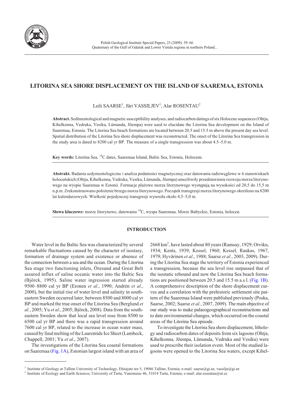 Litorina Sea Shore Displacement on the Island of Saaremaa, Estonia