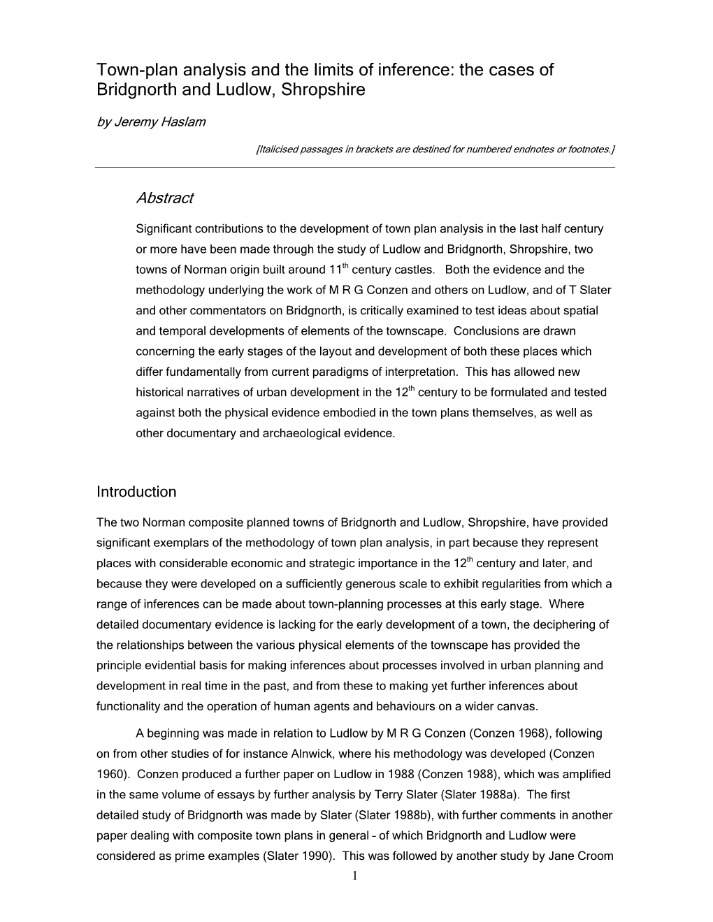 Town-Plan Analysis and the Limits of Inference: the Cases of Bridgnorth and Ludlow, Shropshire by Jeremy Haslam