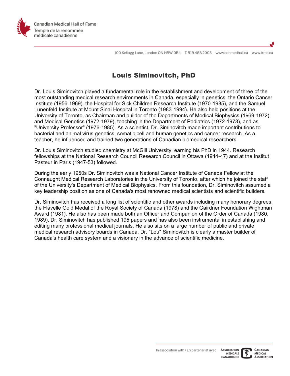 Louis Siminovitch, Phd