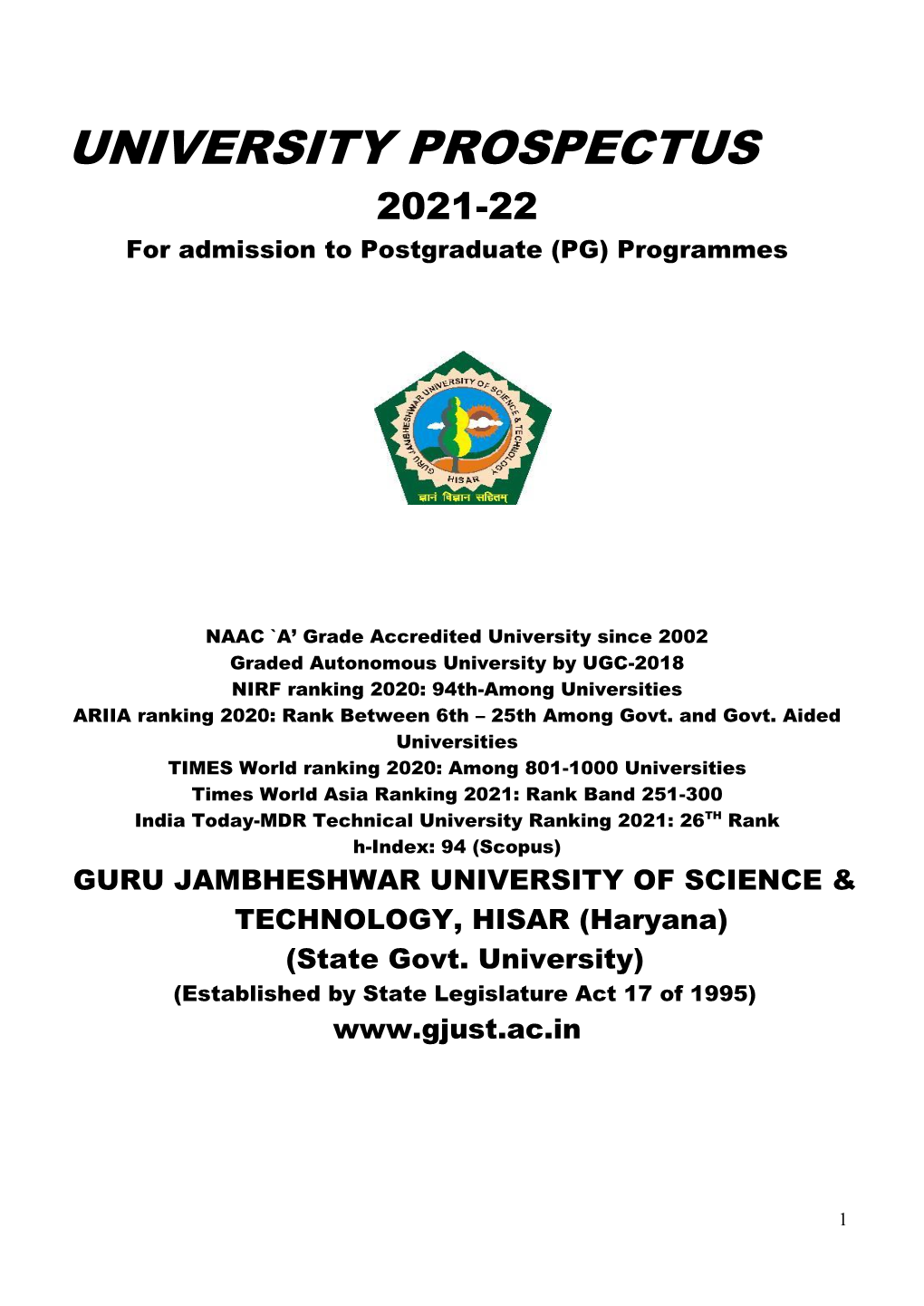 UNIVERSITY PROSPECTUS 2021-22 for Admission to Postgraduate (PG) Programmes