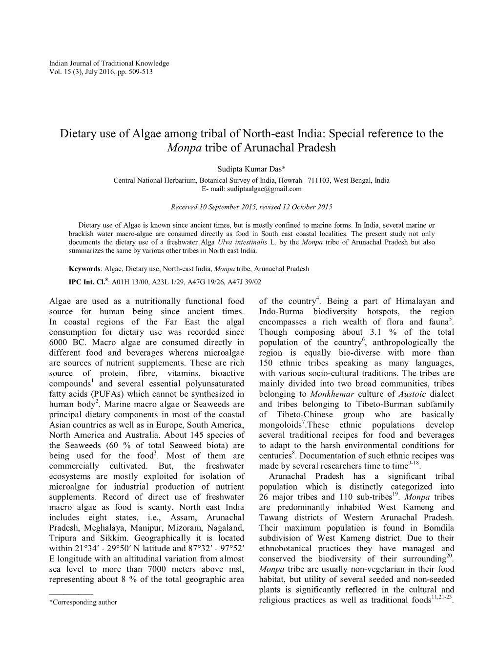 Dietary Use of Algae Among Tribal of North-East India: Special Reference to the Monpa Tribe of Arunachal Pradesh