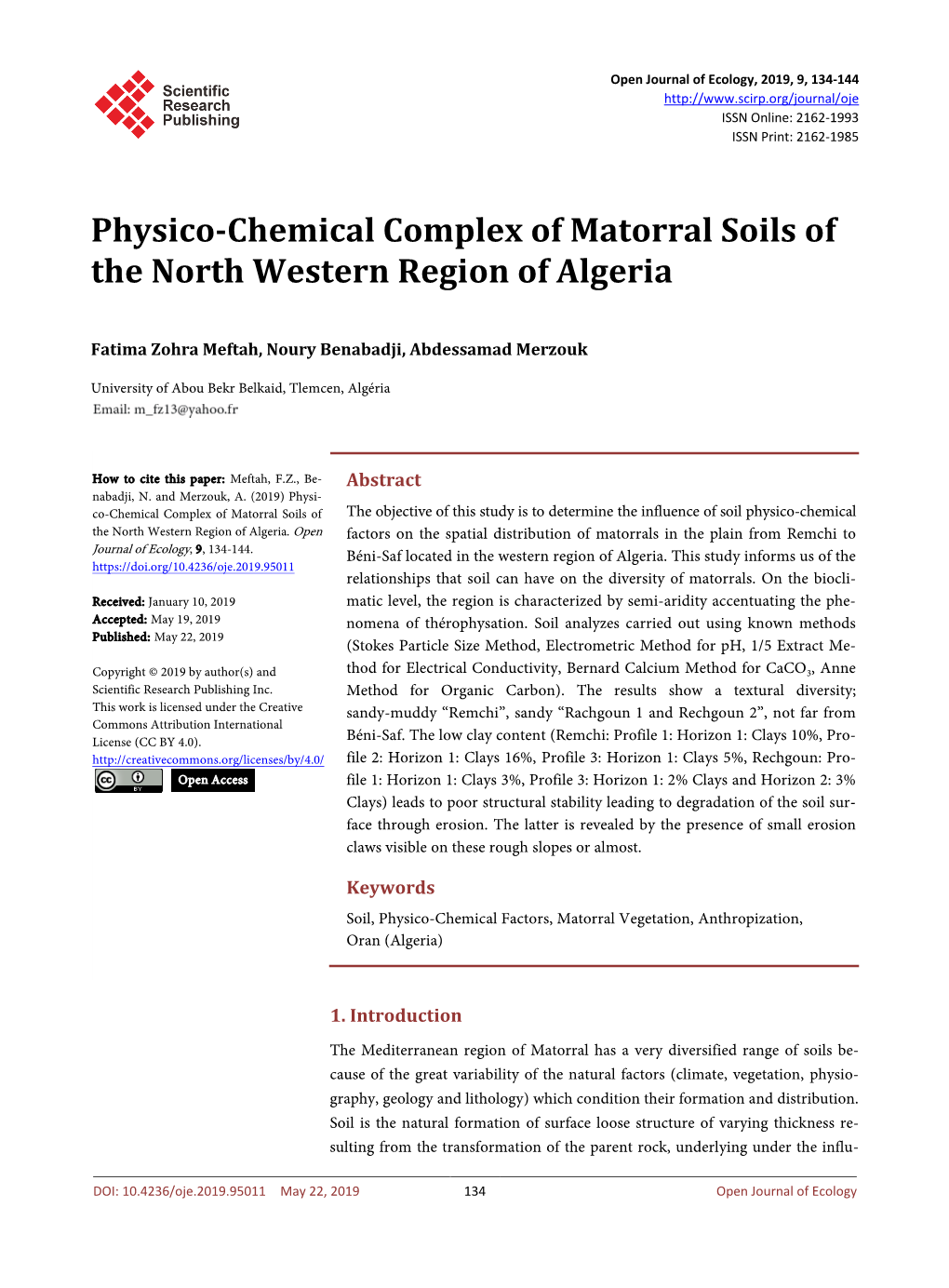 Physico-Chemical Complex of Matorral Soils of the North Western Region of Algeria