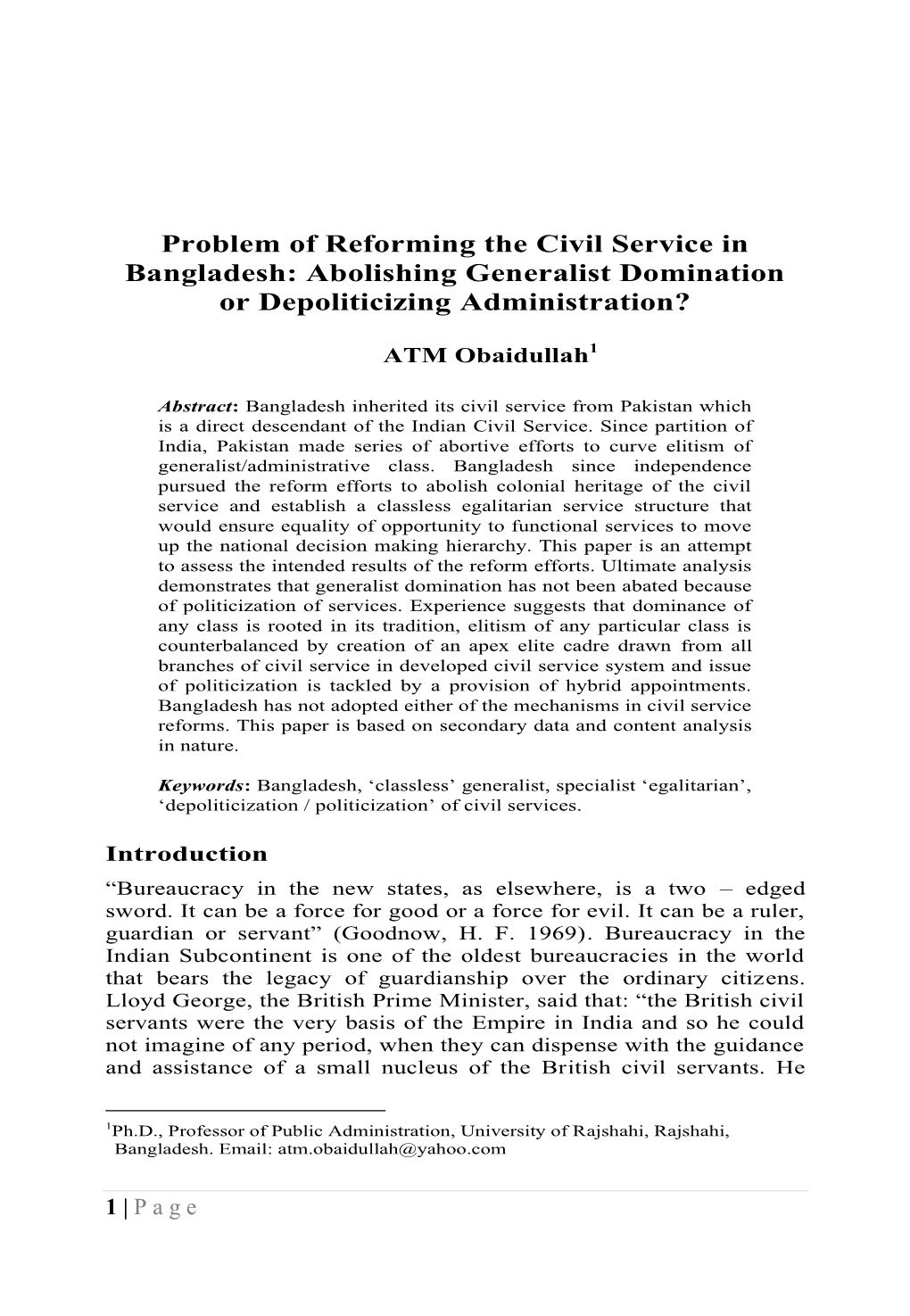 Problem of Reforming the Civil Service in Bangladesh: Abolishing Generalist Domination Or Depoliticizing Administration?