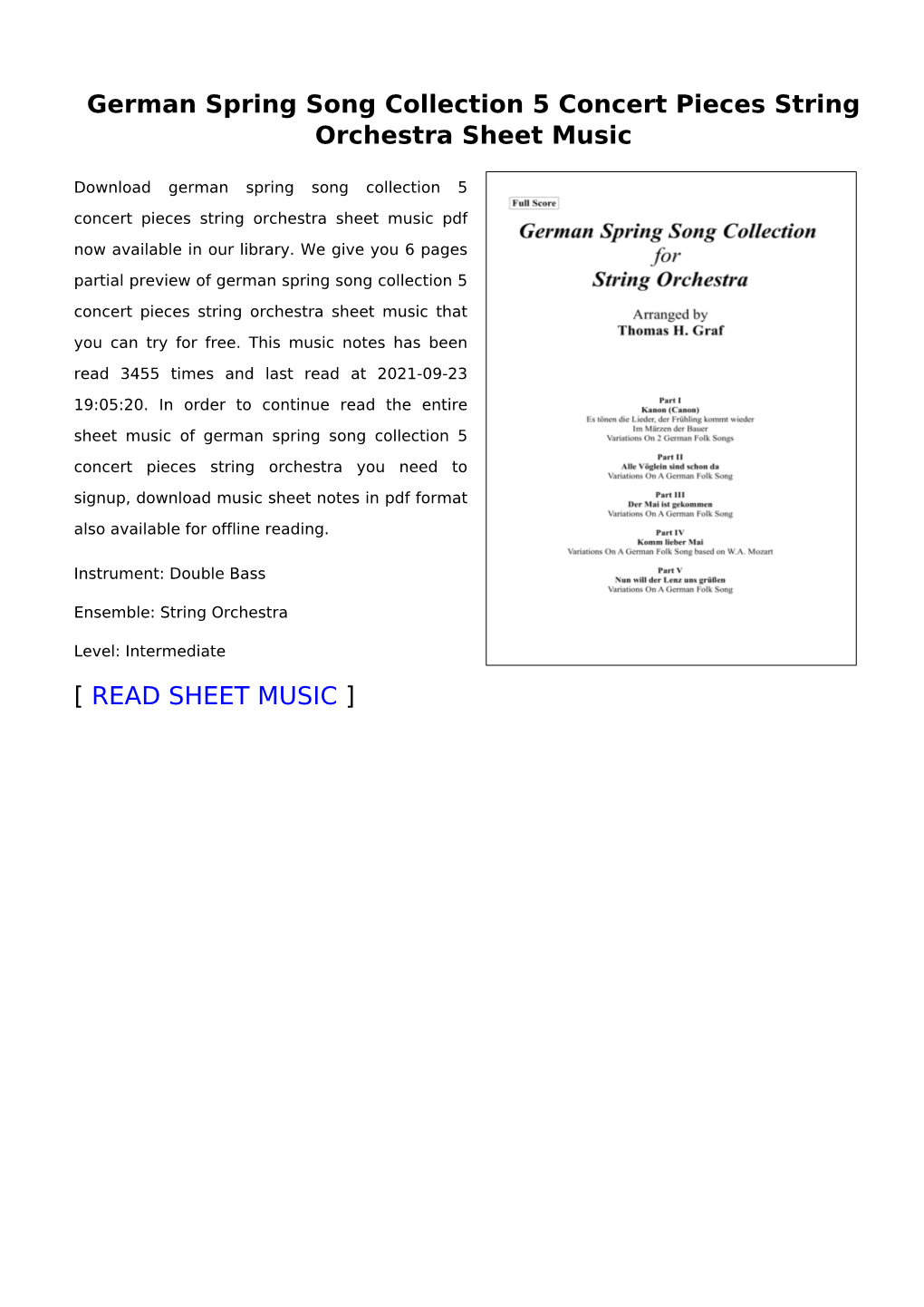 German Spring Song Collection 5 Concert Pieces String Orchestra Sheet Music