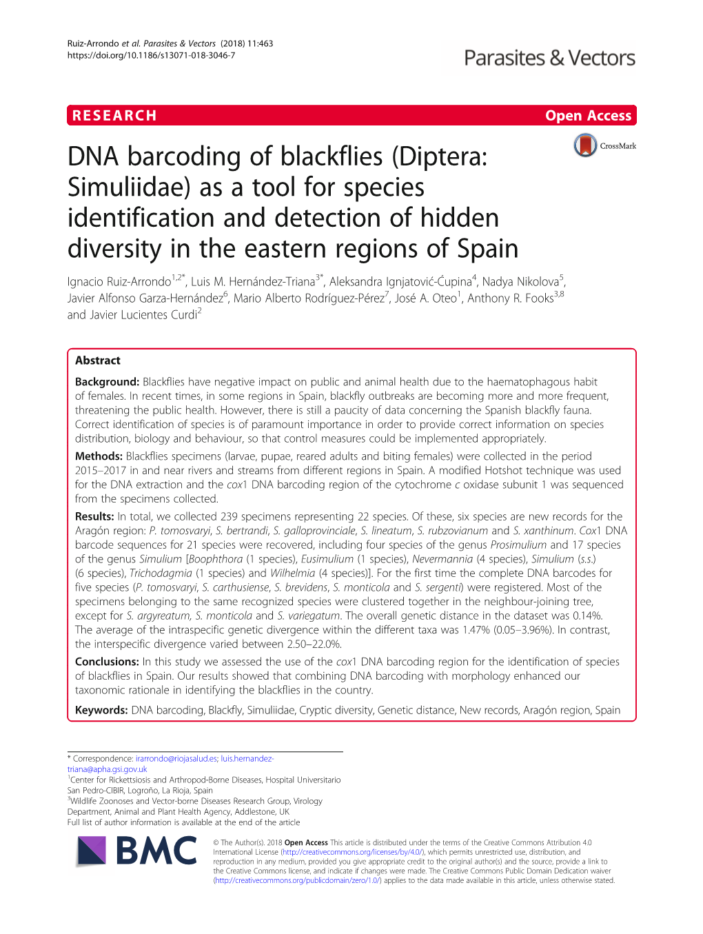 DNA Barcoding of Blackflies (Diptera: Simuliidae) As a Tool for Species