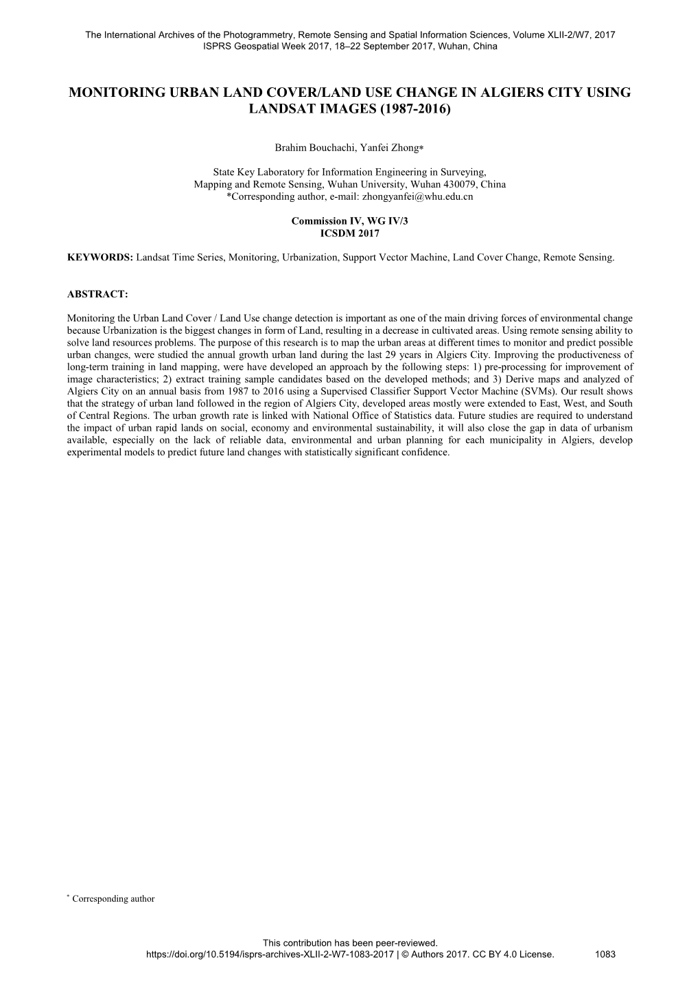 Monitoring Urban Land Cover/Land Use Change in Algiers City Using Landsat Images (1987-2016)